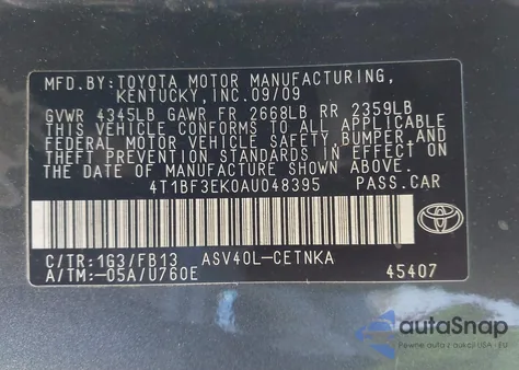 2010 Toyota Camry Le z USA, uszkodzony, nr VIN 4T1BF3EK0AU048395